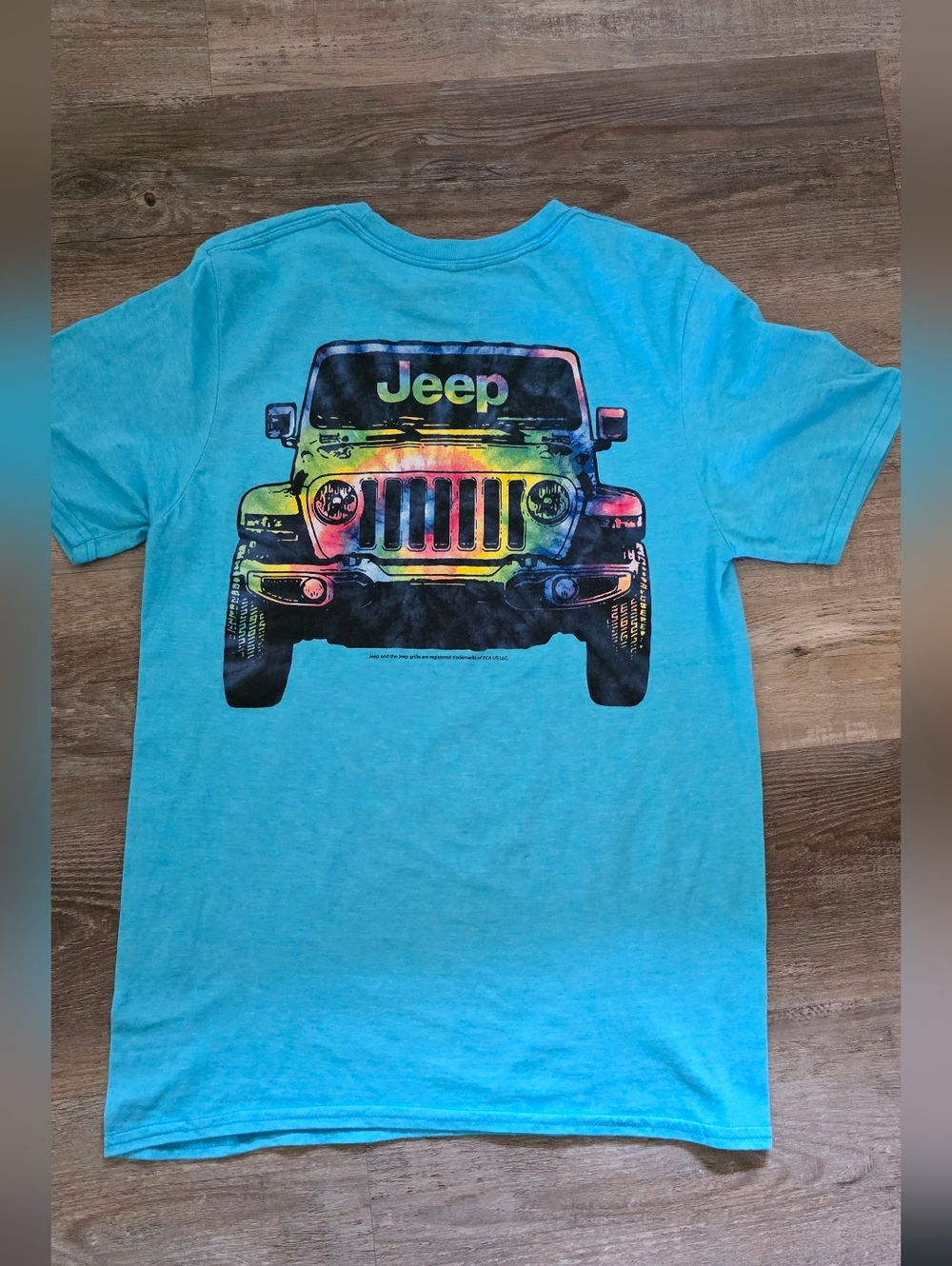 Jeep Aqua Tee with Multicolor Tie-Dye Jeep Graphic